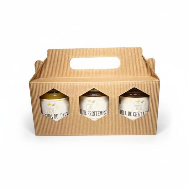 Coffret en carton avec 3 pots de miel de 250g, produits par les Ruchers du Tigou