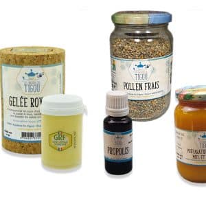 Coffret vitalité proposé par les Ruchers du Tigou, avec de la gelée royale, du miel, du pollen et de la propolis