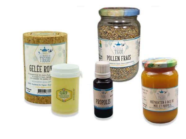 Coffret vitalité proposé par les Ruchers du Tigou, avec de la gelée royale, du miel, du pollen et de la propolis