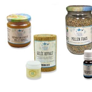 Coffret vitalité proposé par les Ruchers du Tigou, avec de la gelée royale, du miel, du pollen et de la propolis
