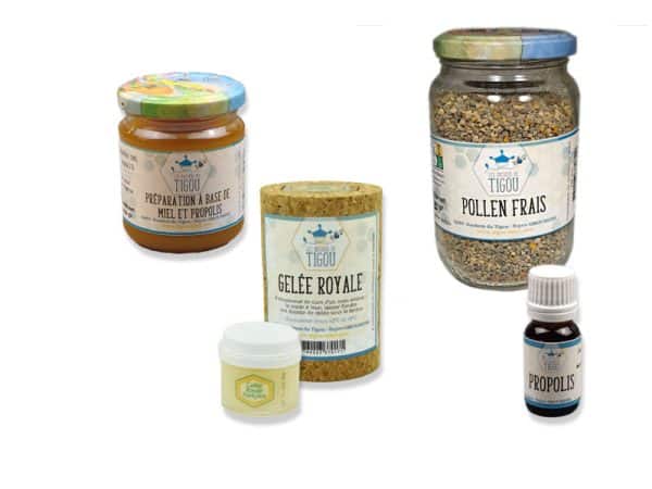 Coffret vitalité proposé par les Ruchers du Tigou, avec de la gelée royale, du miel, du pollen et de la propolis